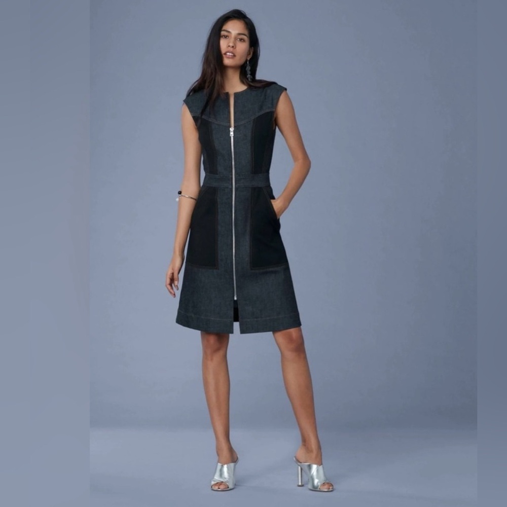 Diane Von Furstenberg Sleeveless Tailored Zip-Front Denim Dress Indigo Blue 2